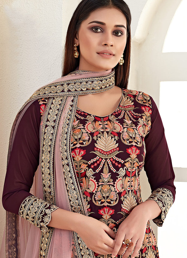 Indian Dresses - Wine Red Pants Style Suit