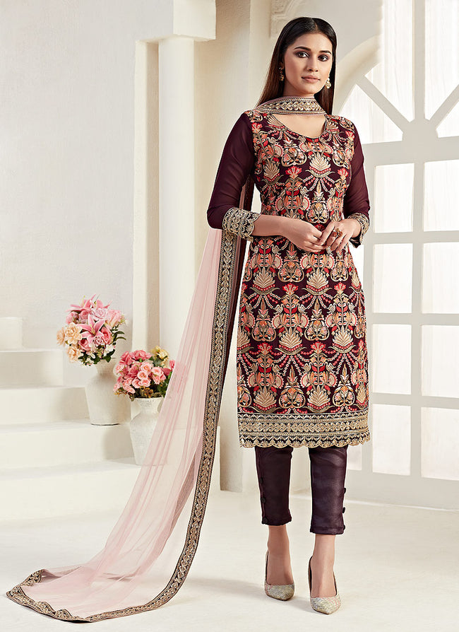 Indian Suits - Wine Red Multi Pants Style Suit