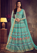 Aqua Blue Traditional Embroidered Anarkali Suit
