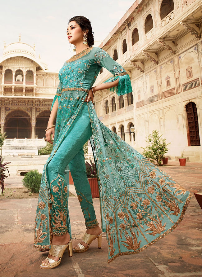 Aqua Blue Overall Embellished Lehenga/Pant Suit
