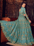 Aqua Blue With Golden Embroidered Lehenga/Pant Suit