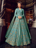 Aqua Blue With Golden Embroidered Lehenga/Pant Suit