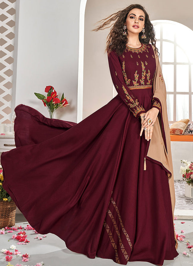 Maroon And Brown Traditional Embroidered Anarkali Suit