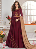 Indian Clothes - Maroon And Brown Traditional Embroidered Anarkali Suit