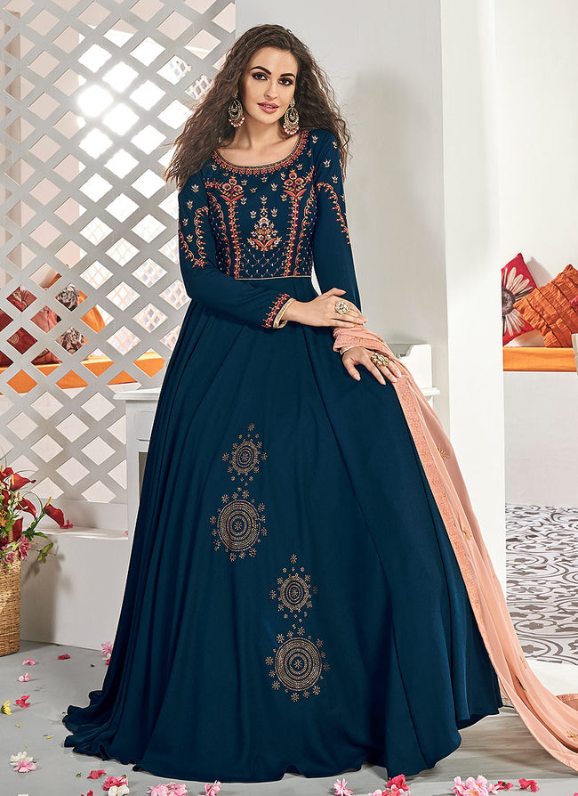 Blue And Peach Traditional Embroidered Anarkali Suit