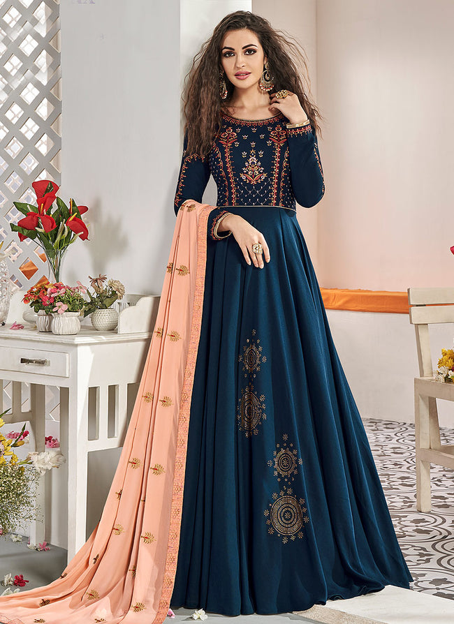 Indian Clothes - Blue And Peach Traditional Embroidered Anarkali Suit