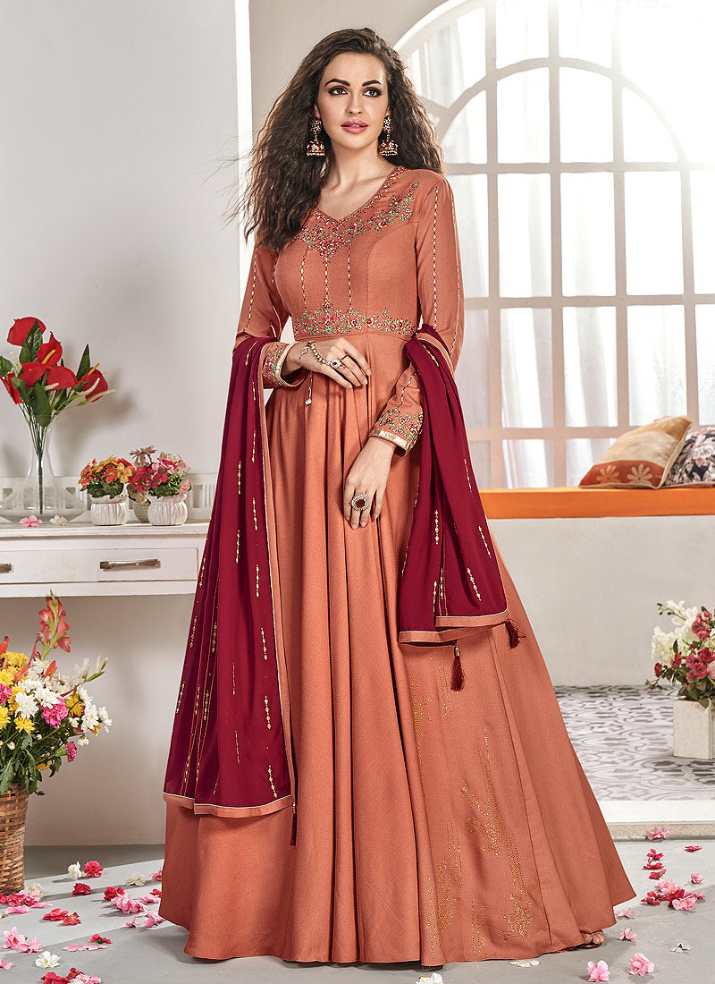 Indian Clothes - Orange And Maroon Traditional Embroidered Anarkali Suit