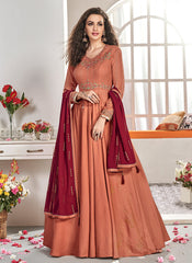 Indian Clothes - Orange And Maroon Traditional Embroidered Anarkali Suit