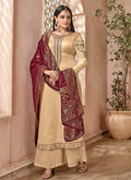 Beige And Maroon Combination Embroidered Palazzo Suit