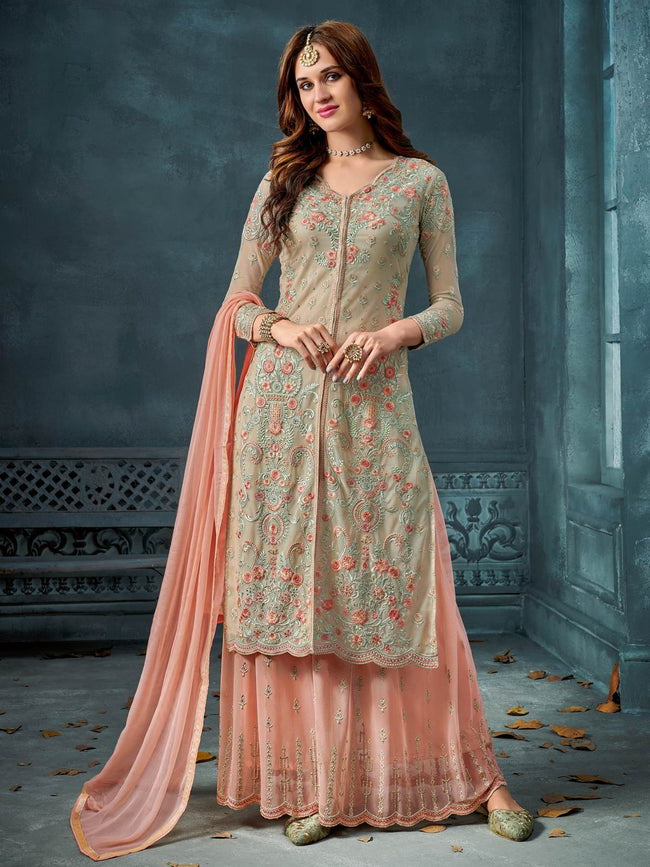 Beige And Peach Embroidered Palazzo Suit