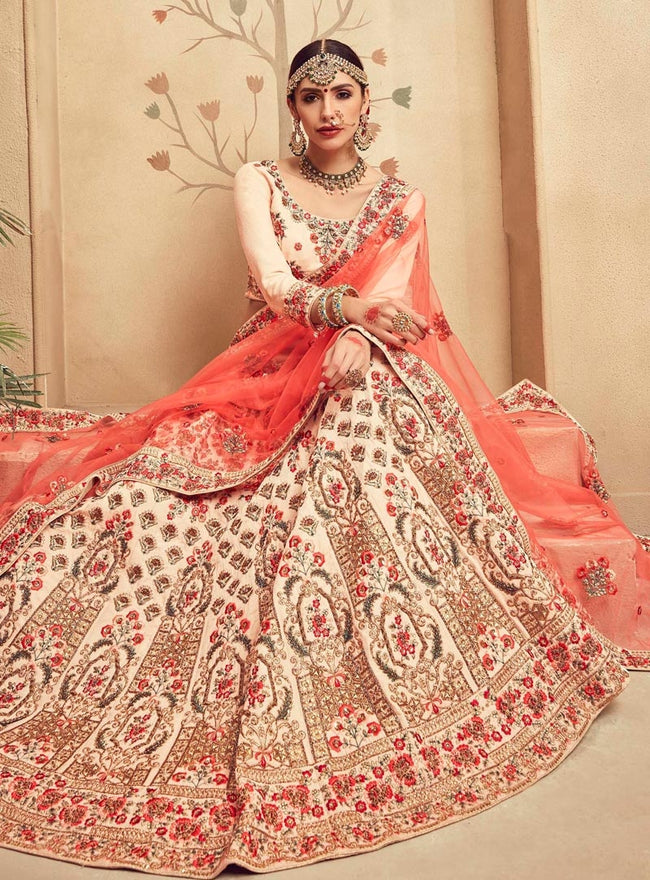 Beige And Peach Velvet Embroidered Lehenga Choli
