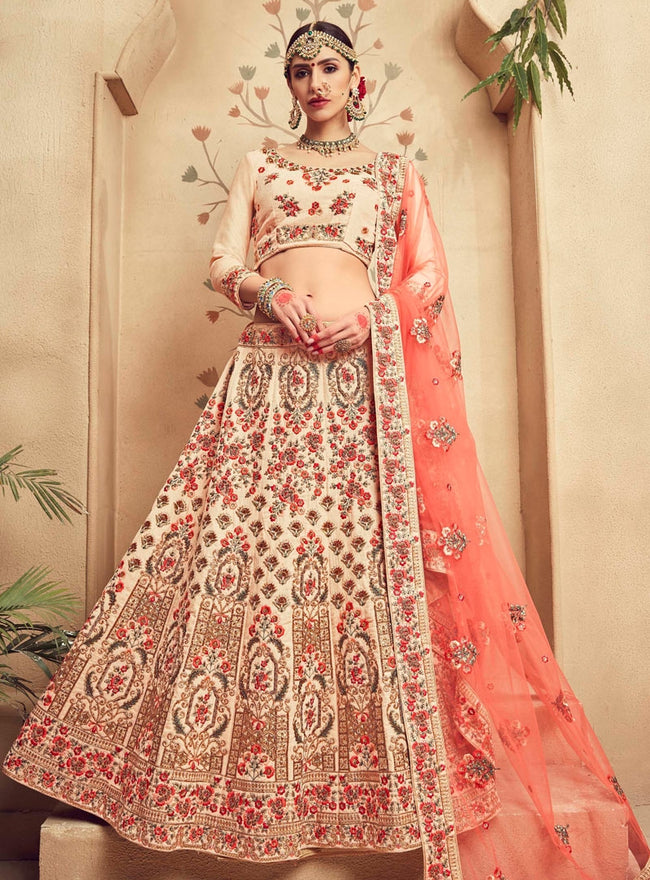 Beige And Peach Velvet Embroidered Lehenga Choli