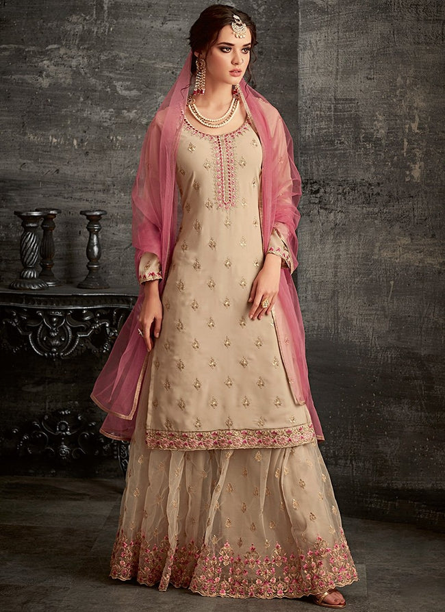 Beige And Pink Ethnic Embroidered Palazzo Suit