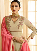 Beige And Pink Ethnic Embroidered Flared Anarkali Suit