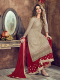 Beige And Red Embroidered Flared Palazzo Suit
