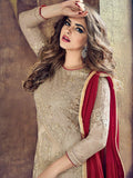Beige And Red Embroidered Flared Palazzo Suit