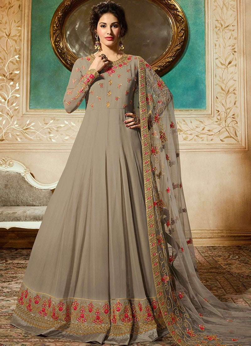 Haandloom Silk Embroidery Anarkali Suit In Beige Colour - SM5412855