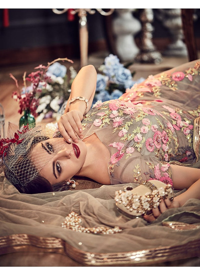 Beige Beauty Floral Embroidered Flared Anarkali Suit