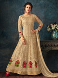 Beige Gold Overall Bunch Embroidered Flared Anarkali Suit