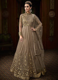 Beige Overall Embroidered Net Anarkali Suit