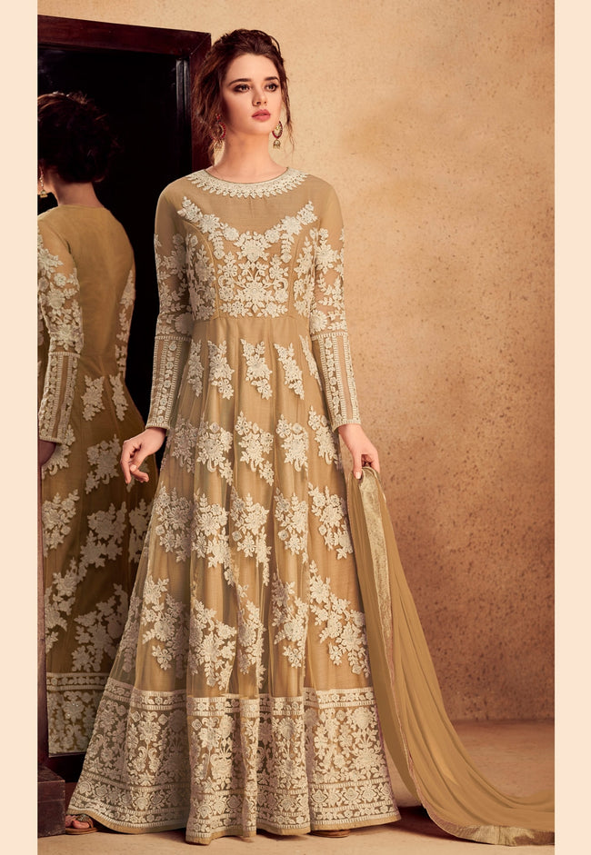 Beige Overall Floral Embroidered Silk Anarkali Suit