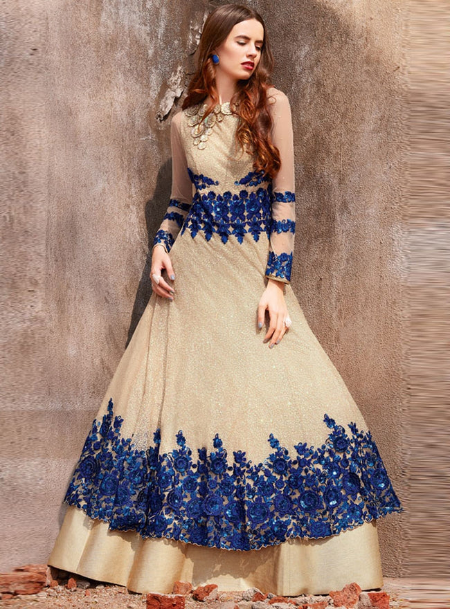 Beige With Blue Traditional Embroidered Designer Anarkali Suit