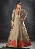 Beige With Red Touch Minimalist Embroidered Flared Anarkali Suit