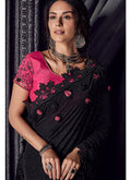 Black And Pink Floral Motifs Embroidered Designer Saree