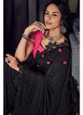 Black And Pink Floral Motifs Embroidered Designer Saree
