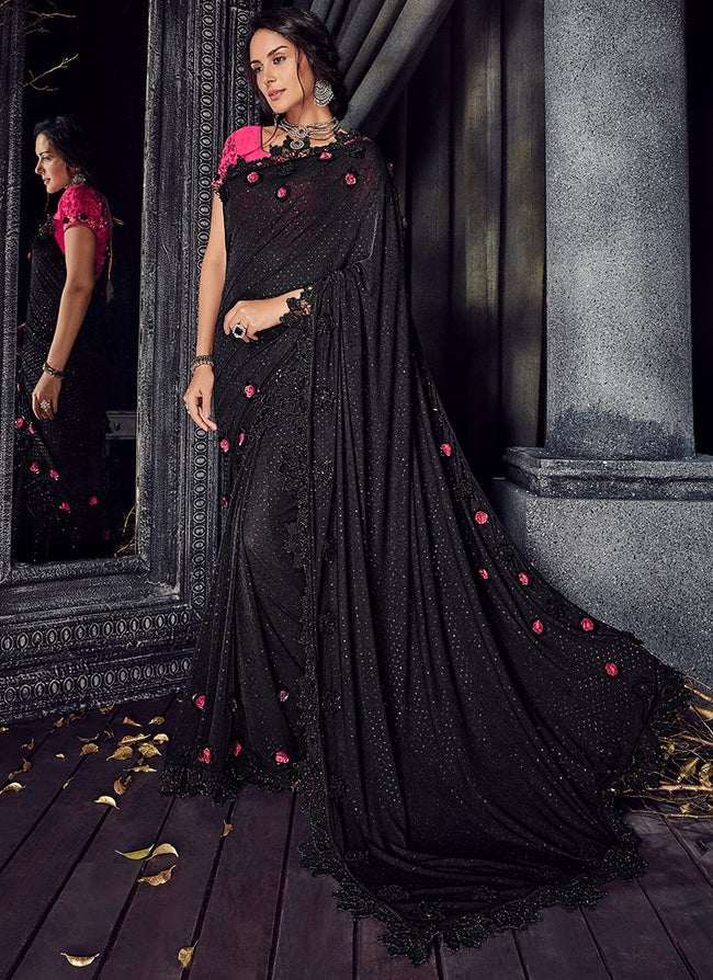 Black And Pink Floral Motifs Embroidered Designer Saree