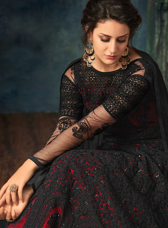 Red And Black Embroidered Flared Anarkali Suit