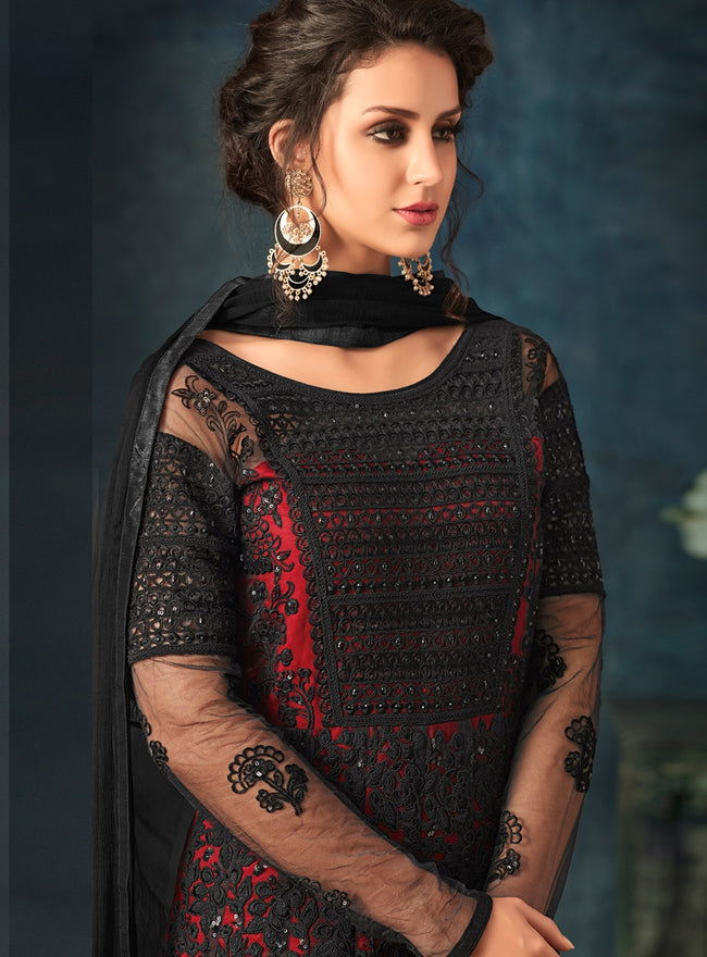Red And Black Embroidered Flared Anarkali Suit