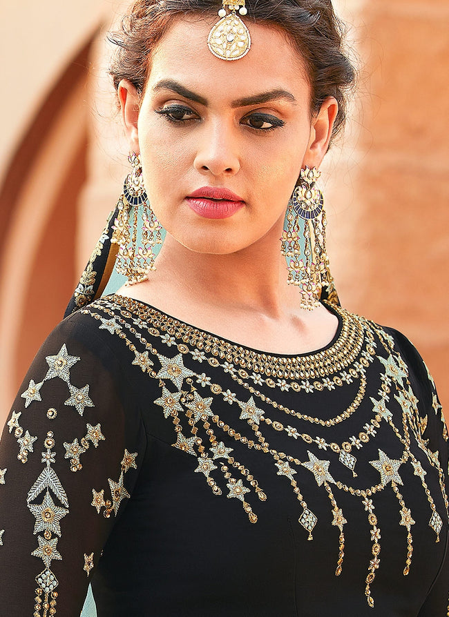Black And Teal Embroidered Lehenga Kurti Suit