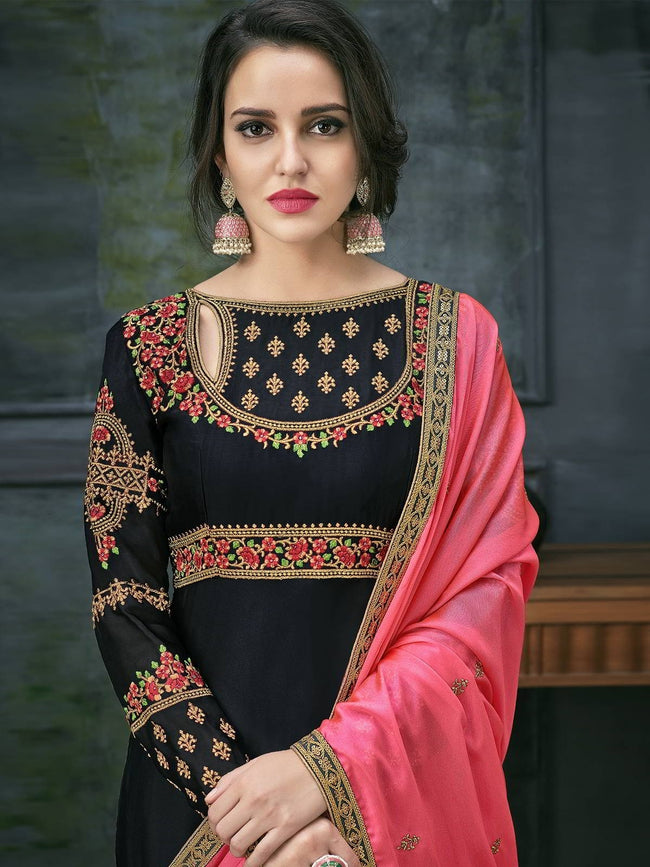 Black Pink Ethnic Embroidered Anarkali Suit