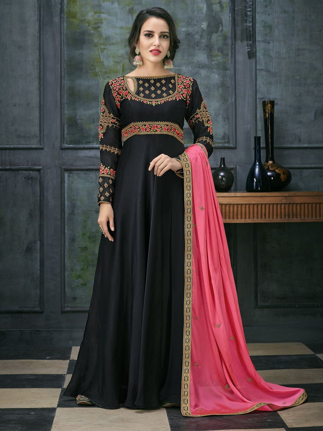 Black Pink Ethnic Embroidered Anarkali Suit