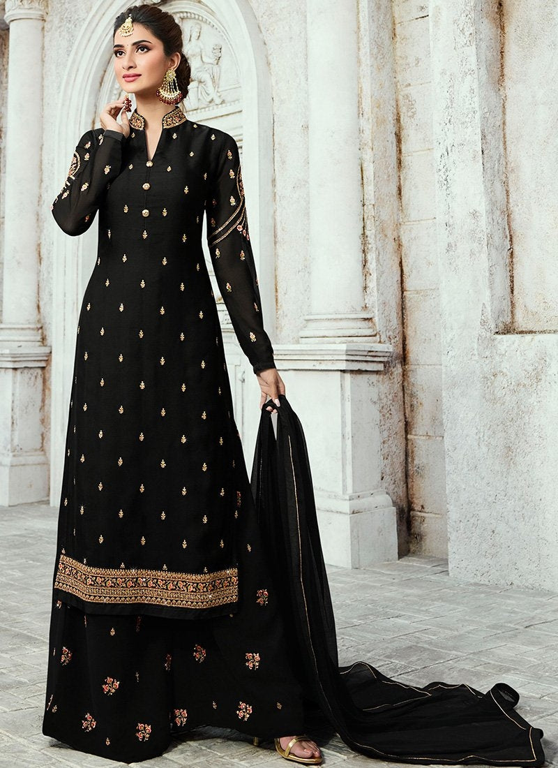 Black Embroidered Georgette Palazzo Suit