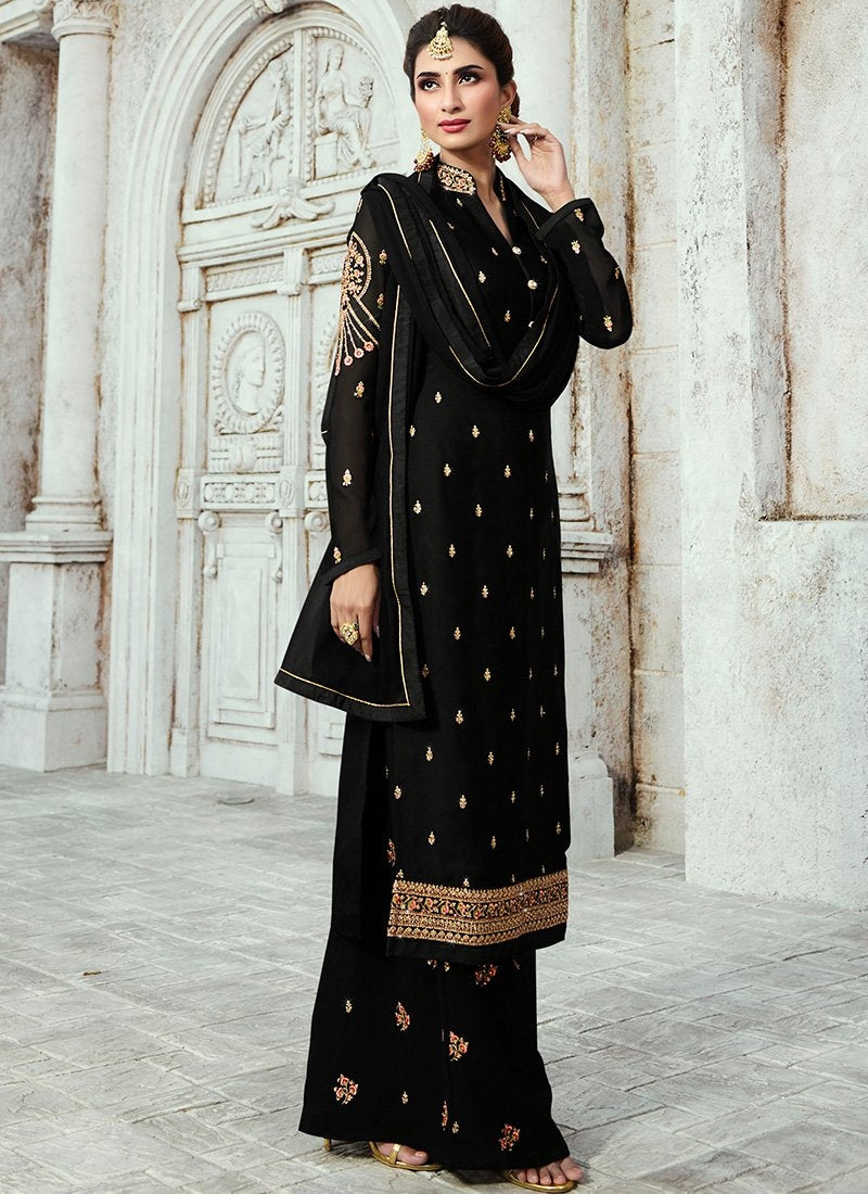 Black Embroidered Georgette Palazzo Suit