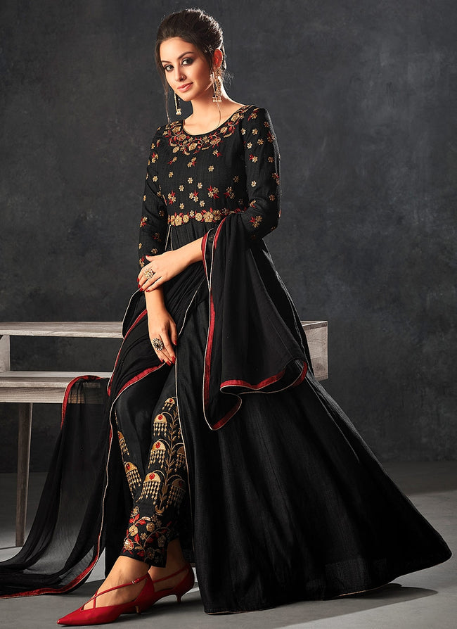 Black With Red Touch Minimalist Embroidered Slit Anarkali Suit