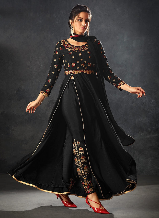 Black With Red Touch Minimalist Embroidered Slit Anarkali Suit
