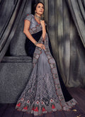 Blackish Blue Floral Embroidered Designer Saree