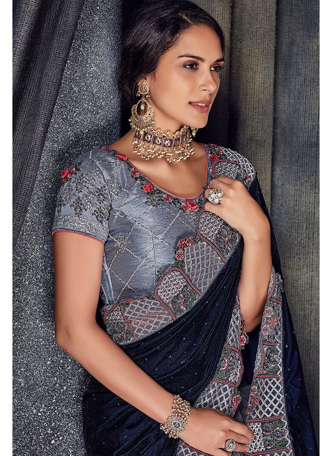 Blackish Blue Floral Embroidered Designer Saree