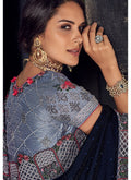 Blackish Blue Floral Embroidered Designer Saree