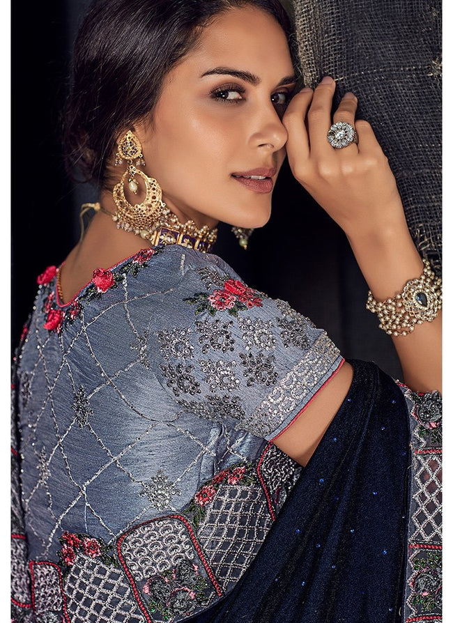 Blackish Blue Floral Embroidered Designer Saree