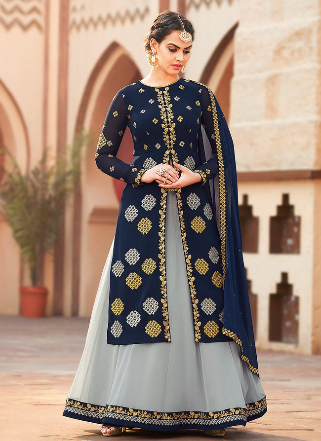 Buy Indian Blue And Grey Embroidered Lehenga Kurti Suit for Women Online in USA UK Canada Australia Germany New Zealand and Worldwide at Best Price
