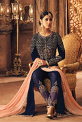 Blue And Peach Traditional Embroidered Pant Suit