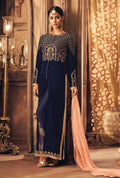 Blue And Peach Traditional Embroidered Pant Suit