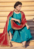 Blue And Red Traditionally Embellished Palazzo Suit