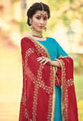 Blue And Red Traditionally Embellished Palazzo Suit
