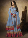 Blue And Red Minimalist Embroidered Anarkali Suit