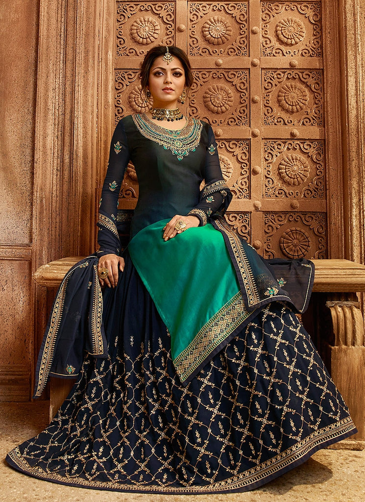 Blue And Turquoise Dual Bottom Lehenga/Pant Kurti Set